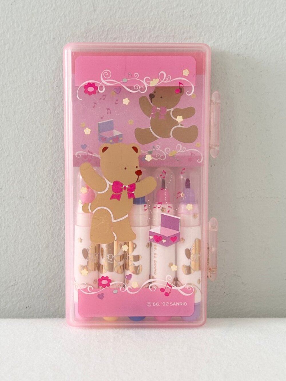 Vintage SANRIO Tweedle Dee Dee Bear Pen Marker Notepad Set Pink Case Hello Kitty